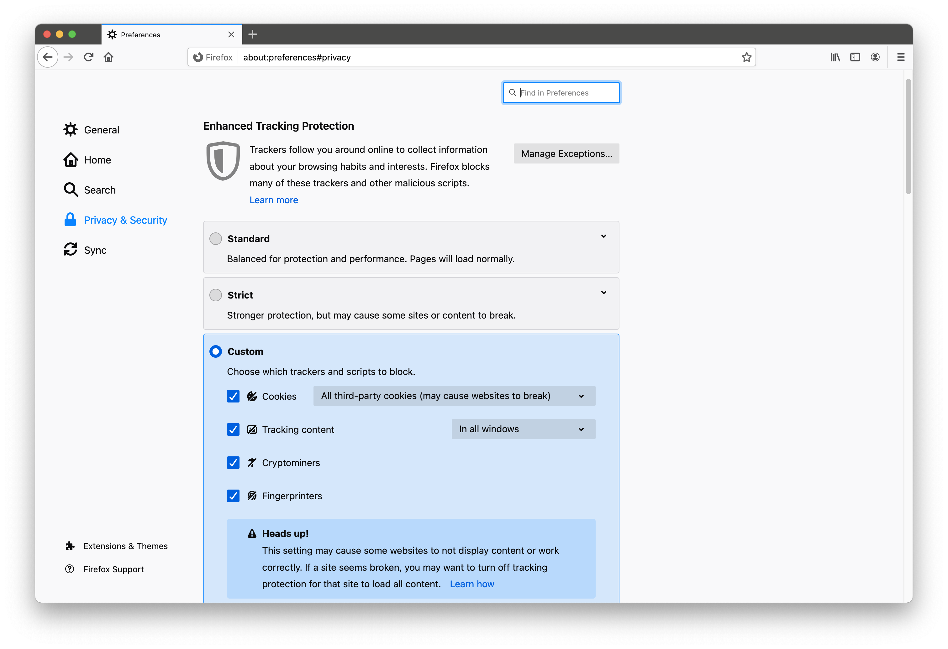 Firefox&rsquo;s Enhanced Tracking Protection settings