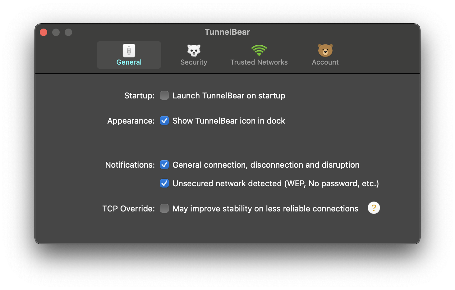 TunnelBear preferences – General