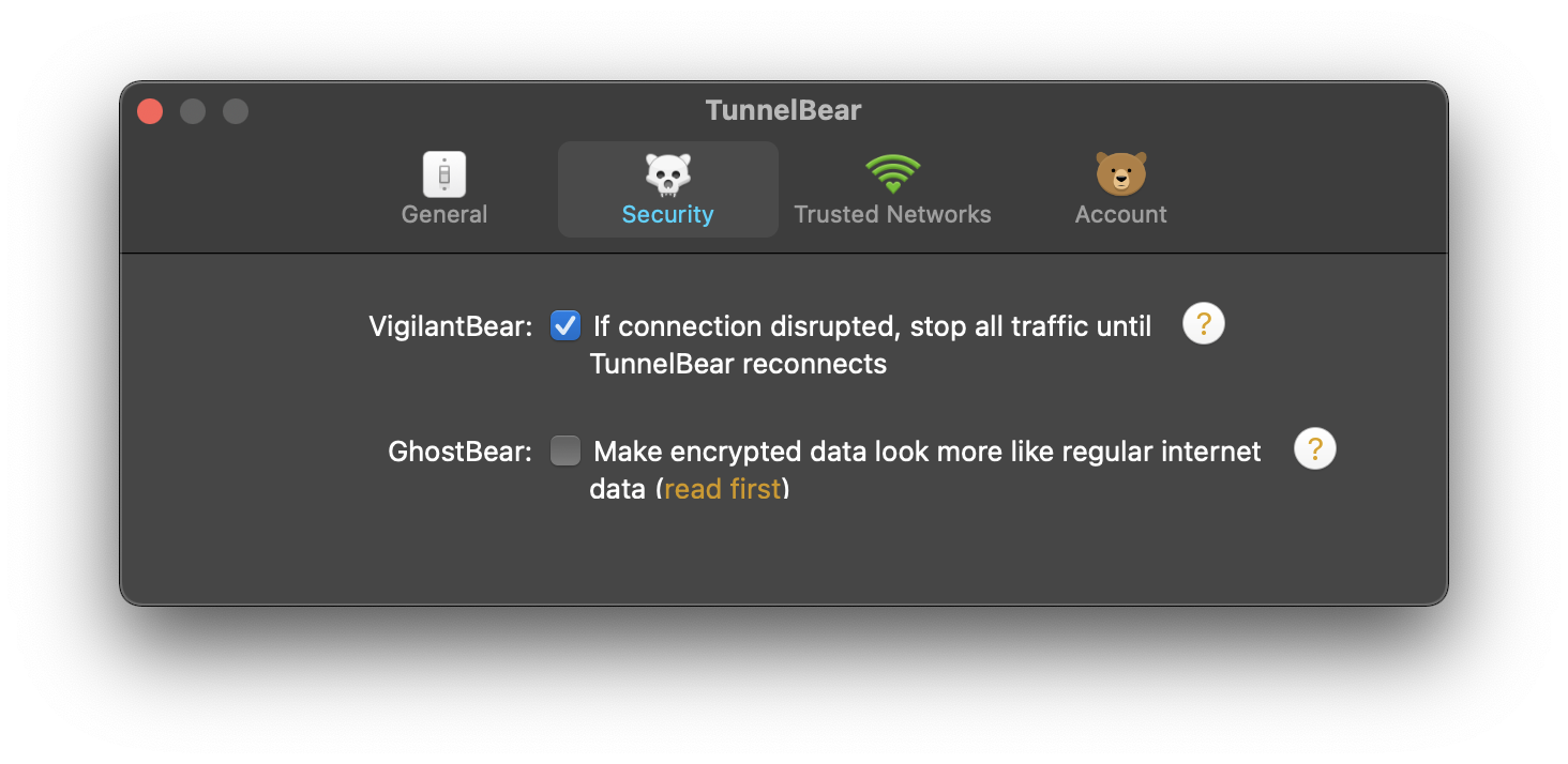 TunnelBear preferences – Security