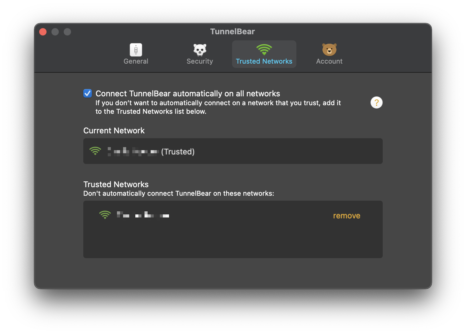 TunnelBear preferences – Trusted Networks
